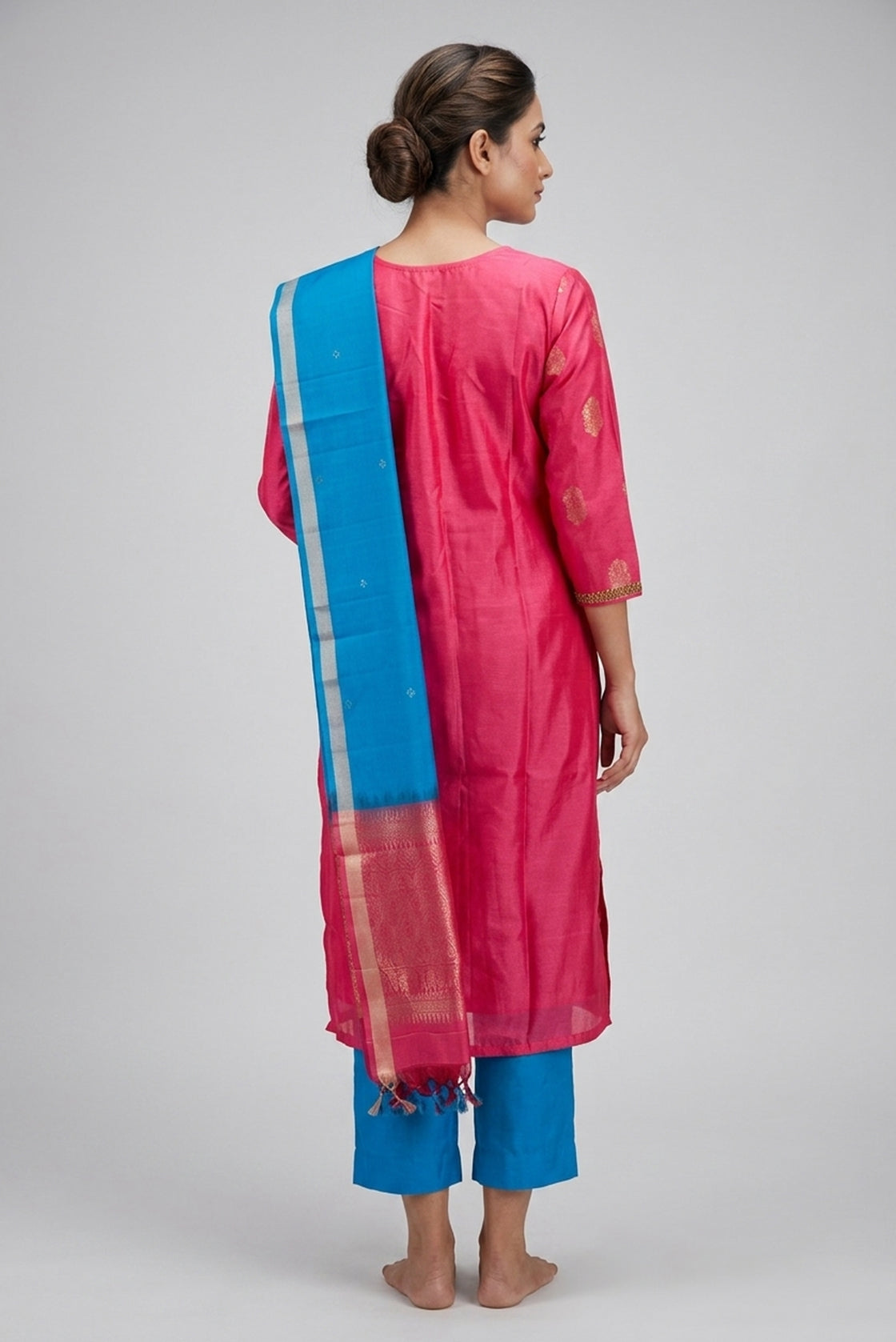 Rose pink Pure Silk Womens Kurta set featuring Zari Butta Kurta paired with Sky Blue Plain Body bottom and a Zari Butta dupatta in Sky Blue back image displayed on an AI model