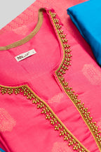 Detailed shot of Rose pink Pure Silk Womens Kurta set featuring Zari Butta Kurta paired with Sky Blue Plain Body bottom and a Zari Butta dupatta in Sky Blue