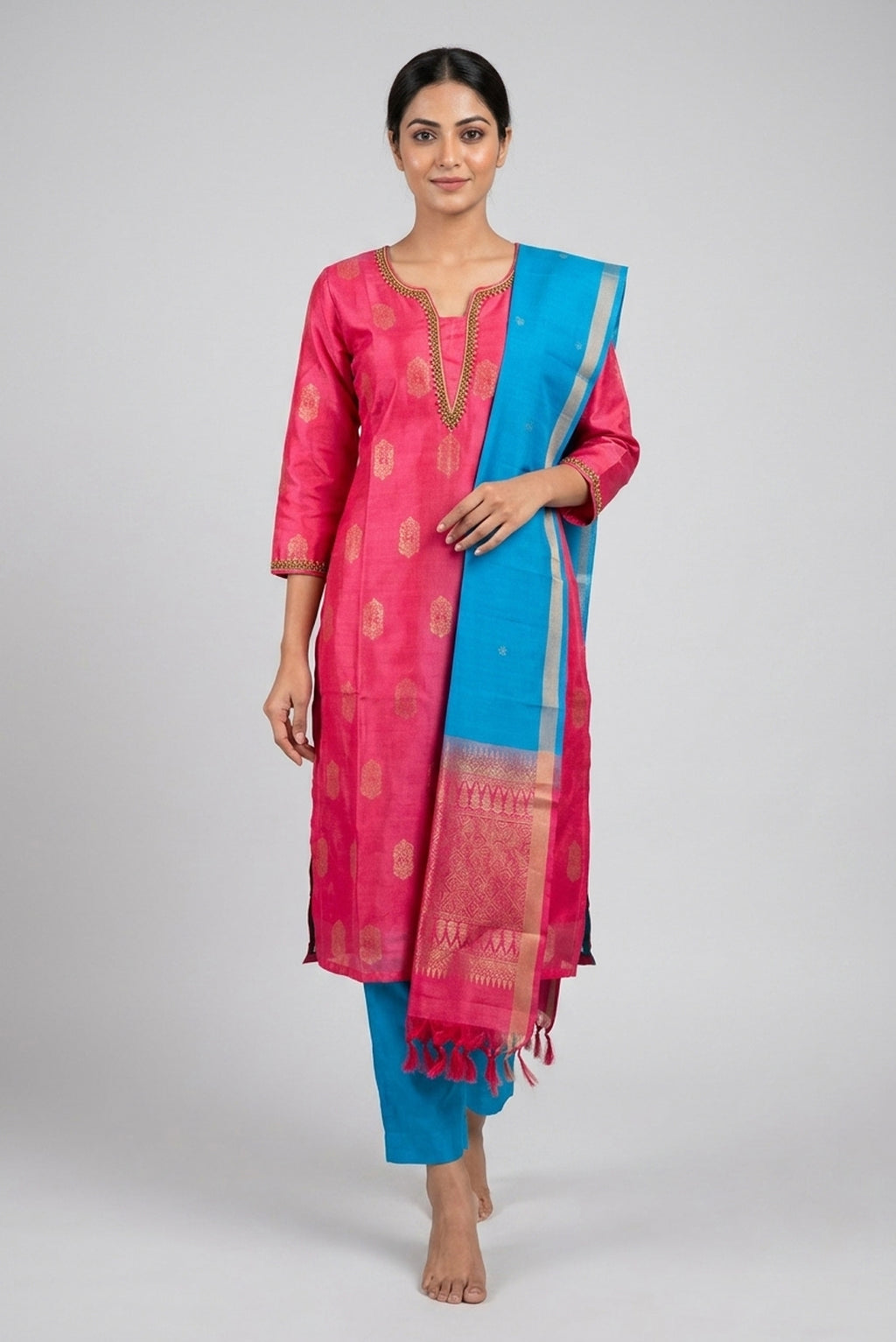 Rose pink Pure Silk Womens Kurta set featuring Zari Butta Kurta paired with Sky Blue Plain Body bottom and a Zari Butta dupatta in Sky Blue front image displayed on an AI model