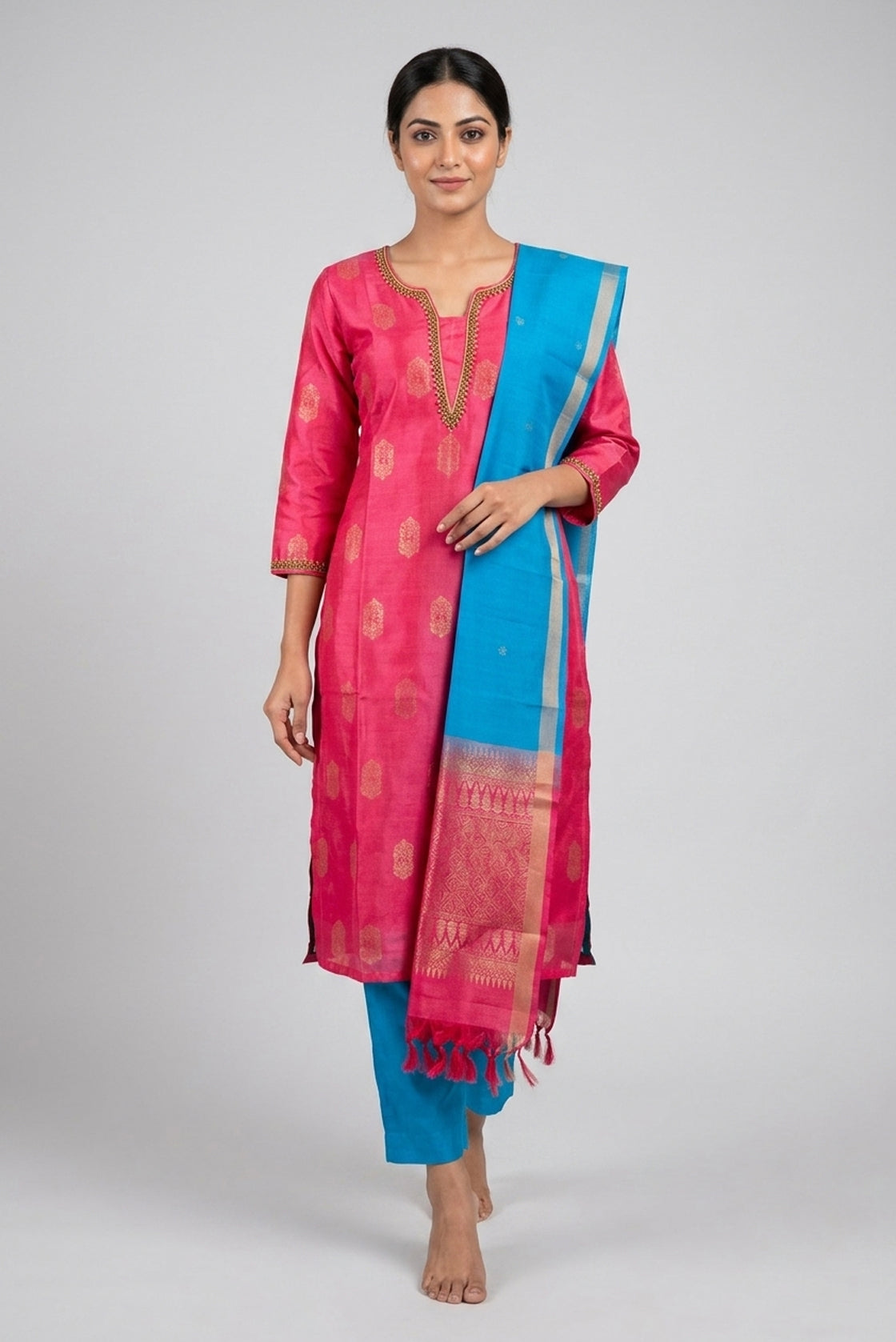 Rose pink Pure Silk Womens Kurta set featuring Zari Butta Kurta paired with Sky Blue Plain Body bottom and a Zari Butta dupatta in Sky Blue front image displayed on an AI model