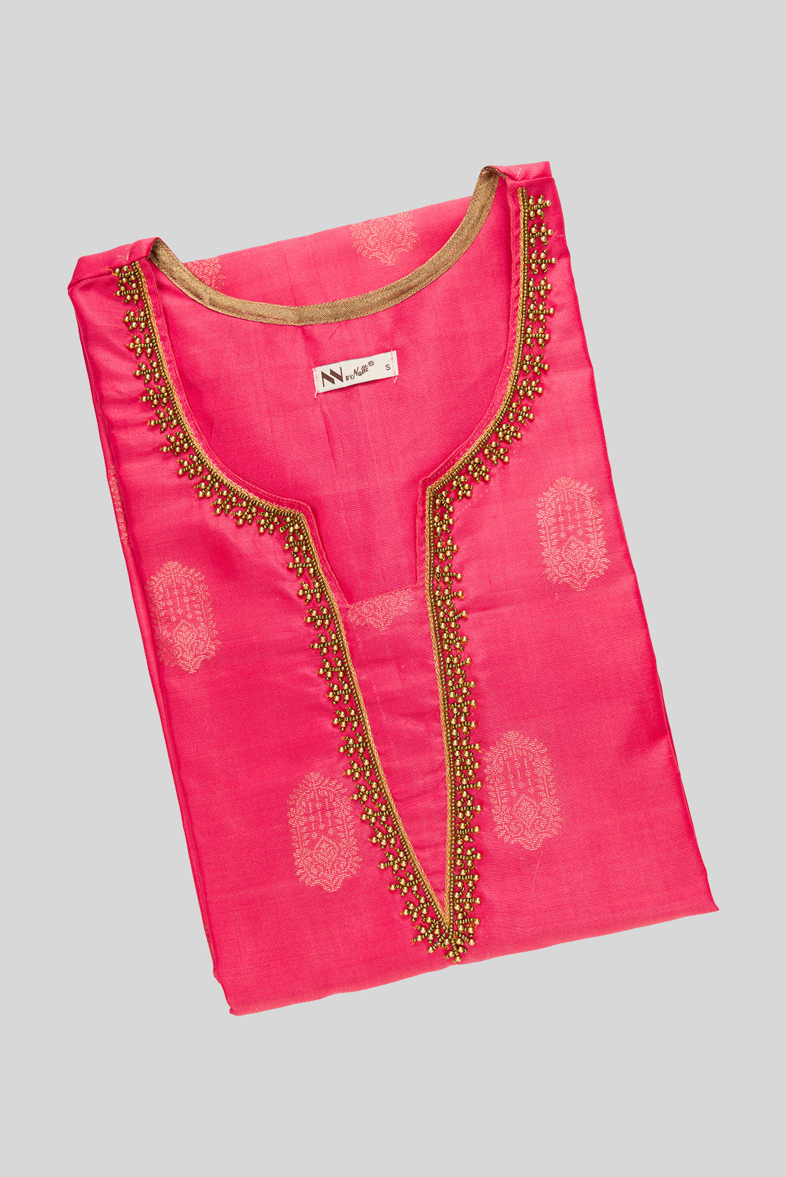 Top view of Rose pink Pure Silk Womens Kurta set featuring Zari Butta Kurta paired with Sky Blue Plain Body bottom and a Zari Butta dupatta in Sky Blue