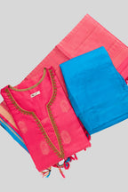 Flat lay of Rose pink Pure Silk Womens Kurta set featuring Zari Butta Kurta paired with Sky Blue Plain Body bottom and a Zari Butta dupatta in Sky Blue