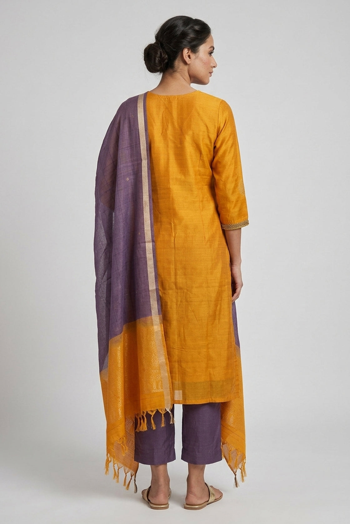 Mustard Pure Silk Womens Kurta set featuring Zari Butta Kurta paired with Lavender Plain Body bottom and a Zari Butta dupatta in Lavender back image displayed on an AI model