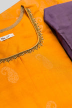 Detailed shot of Mustard Pure Silk Womens Kurta set featuring Zari Butta Kurta paired with Lavender Plain Body bottom and a Zari Butta dupatta in Lavender
