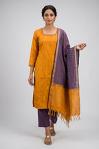 Mustard Pure Silk Womens Kurta set featuring Zari Butta Kurta paired with Lavender Plain Body bottom and a Zari Butta dupatta in Lavender front image displayed on an AI model