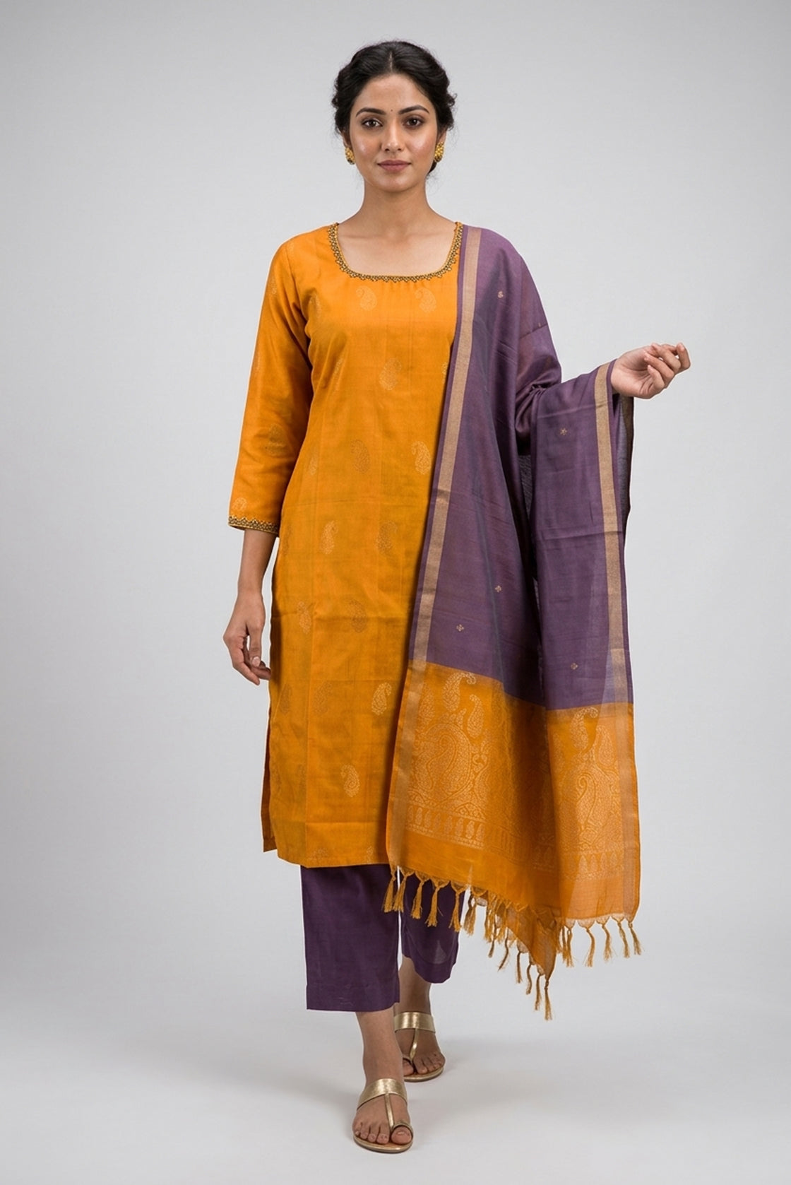 Mustard Pure Silk Womens Kurta set featuring Zari Butta Kurta paired with Lavender Plain Body bottom and a Zari Butta dupatta in Lavender front image displayed on an AI model