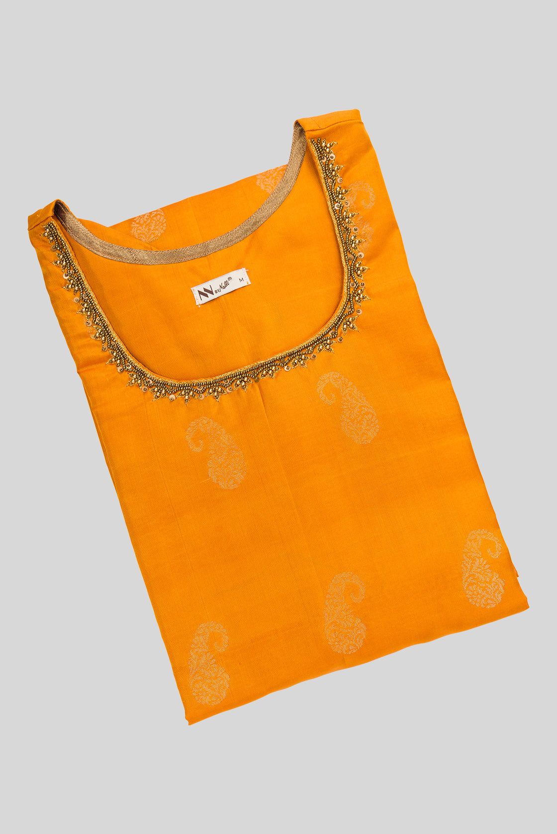 Top view of Mustard Pure Silk Womens Kurta set featuring Zari Butta Kurta paired with Lavender Plain Body bottom and a Zari Butta dupatta in Lavender