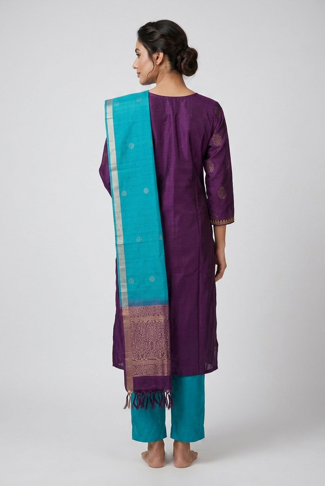 Violet Pure Silk Womens Kurta set featuring Zari Butta Kurta paired with Sky Blue Plain Body bottom and a Zari Butta dupatta in Sky Blue back image displayed on an AI model