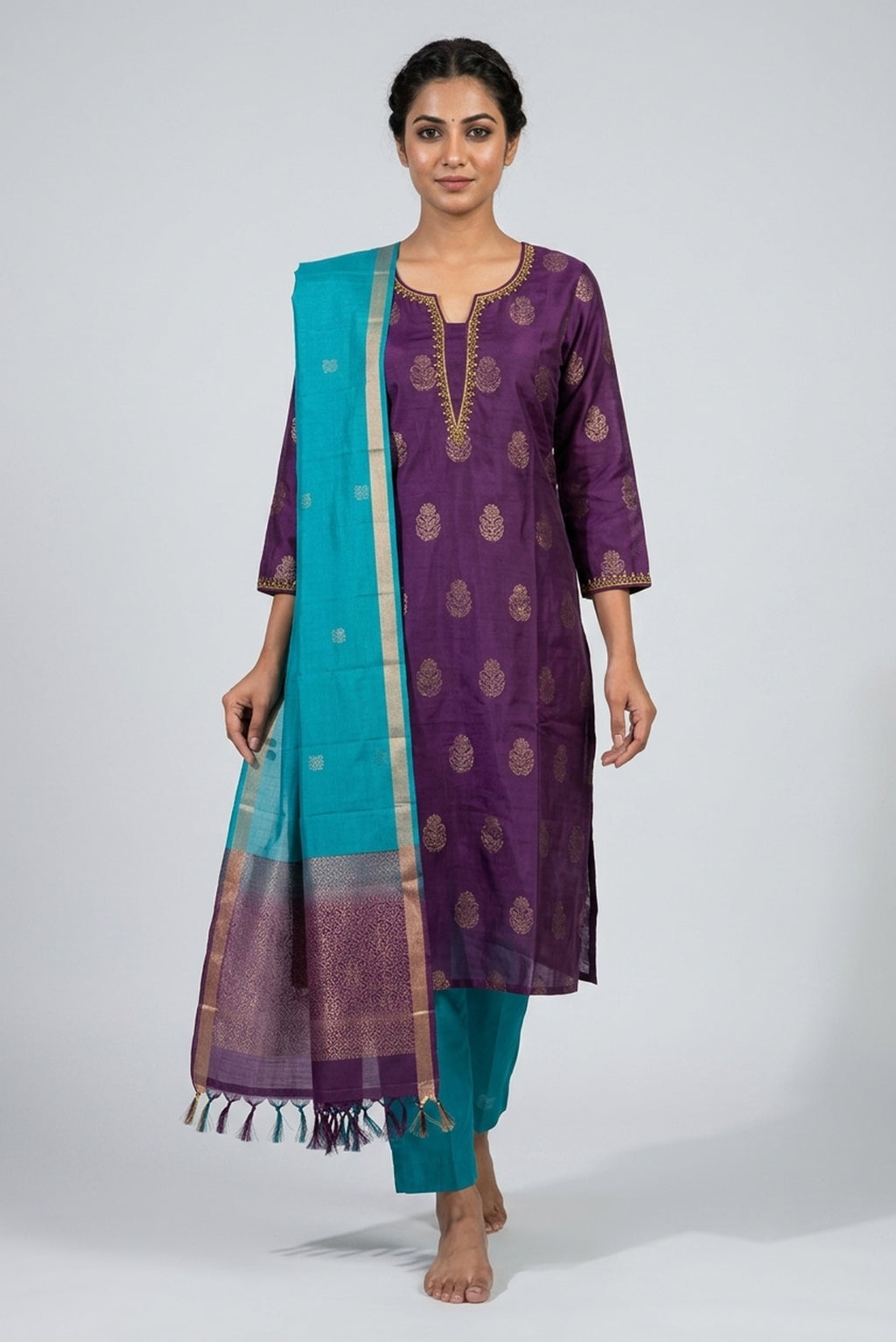 Violet Pure Silk Womens Kurta set featuring Zari Butta Kurta paired with Sky Blue Plain Body bottom and a Zari Butta dupatta in Sky Blue front image displayed on an AI model