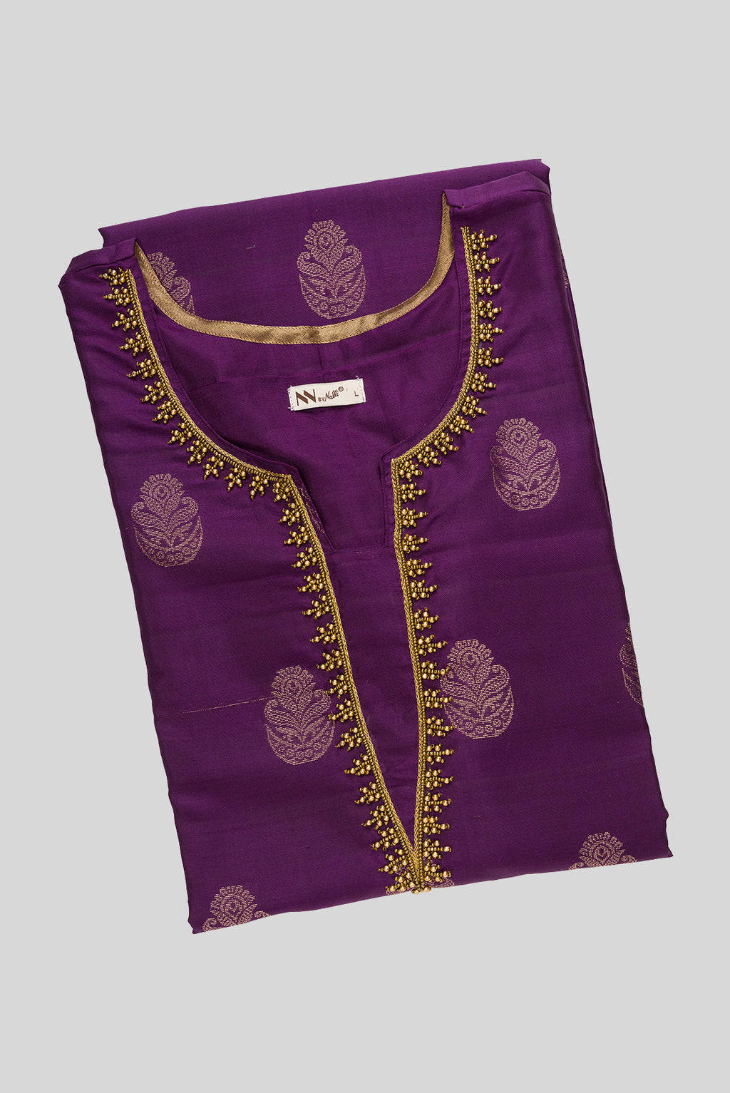 Top view of Violet Pure Silk Womens Kurta set featuring Zari Butta Kurta paired with Sky Blue Plain Body bottom and a Zari Butta dupatta in Sky Blue