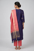 Violet Pure Silk Womens Kurta set featuring Zari Butta Kurta paired with Rose pink Plain Body bottom and a Zari Butta dupatta in Rose pink back image displayed on an AI model