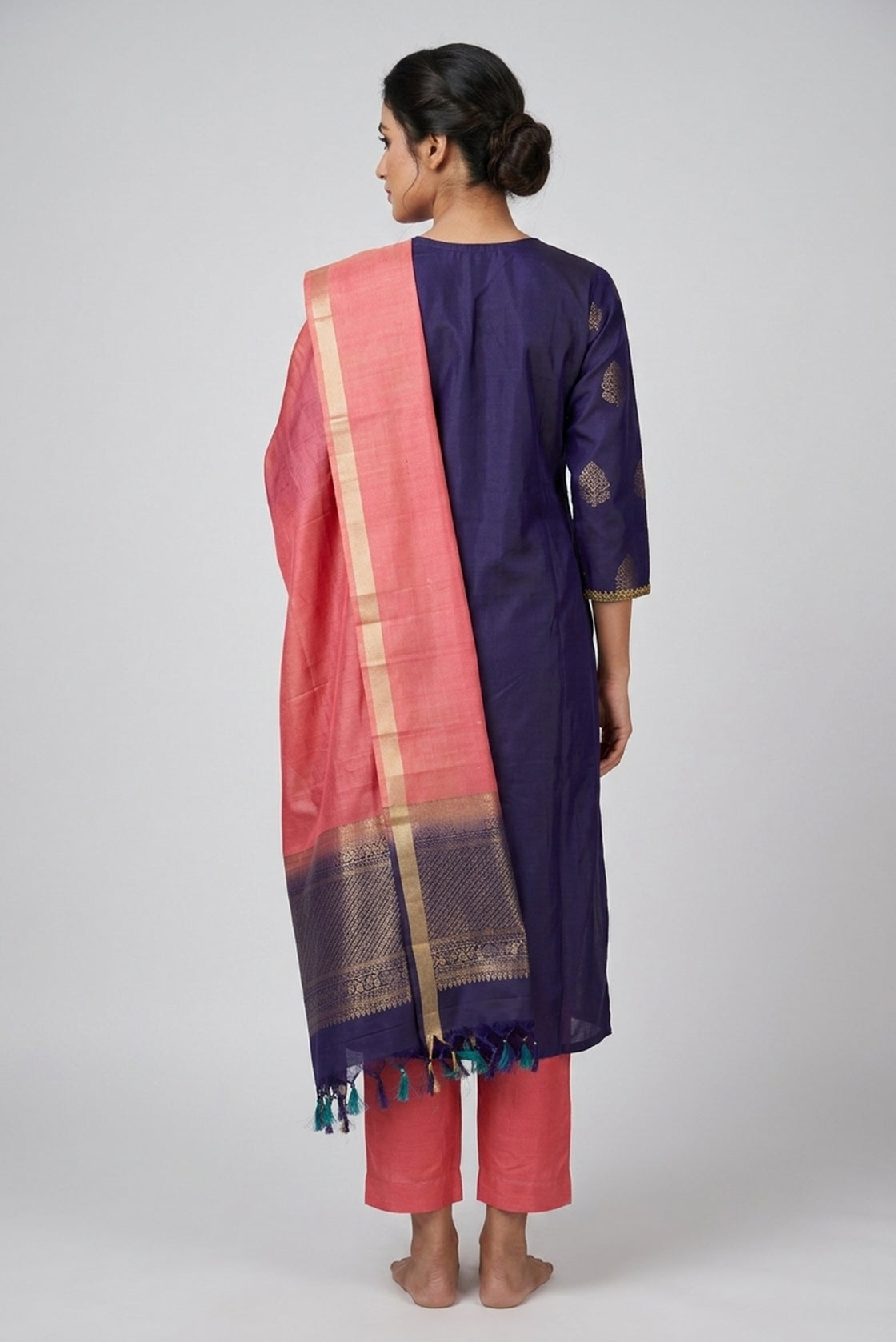 Violet Pure Silk Womens Kurta set featuring Zari Butta Kurta paired with Rose pink Plain Body bottom and a Zari Butta dupatta in Rose pink back image displayed on an AI model