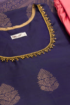Detailed shot of Violet Pure Silk Womens Kurta set featuring Zari Butta Kurta paired with Rose pink Plain Body bottom and a Zari Butta dupatta in Rose pink