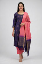 Violet Pure Silk Womens Kurta set featuring Zari Butta Kurta paired with Rose pink Plain Body bottom and a Zari Butta dupatta in Rose pink front image displayed on an AI model