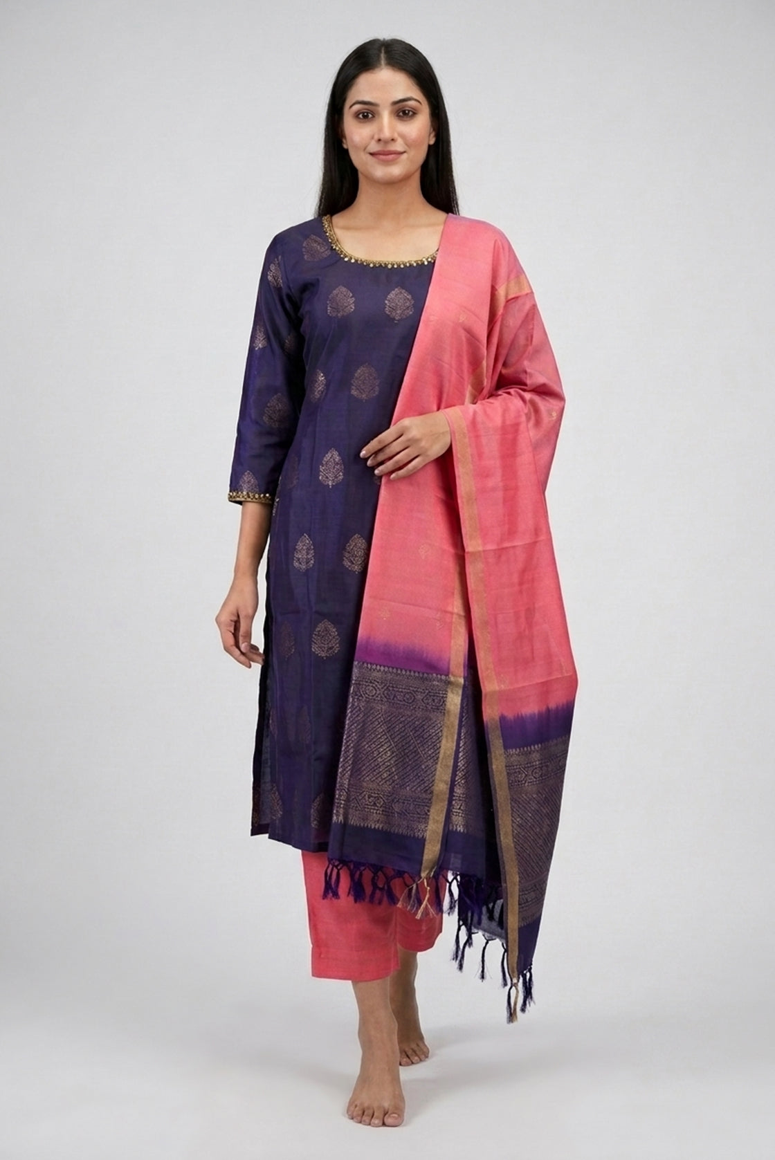 Violet Pure Silk Womens Kurta set featuring Zari Butta Kurta paired with Rose pink Plain Body bottom and a Zari Butta dupatta in Rose pink front image displayed on an AI model
