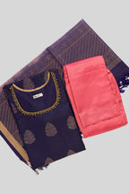 Flat lay of Violet Pure Silk Womens Kurta set featuring Zari Butta Kurta paired with Rose pink Plain Body bottom and a Zari Butta dupatta in Rose pink