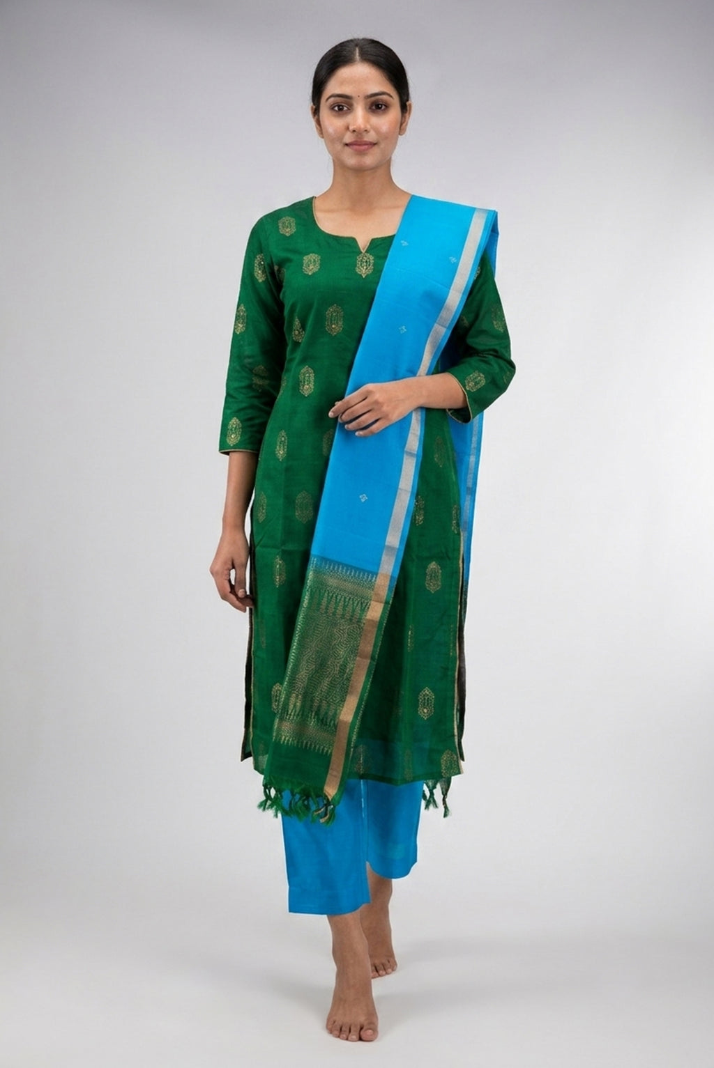 Green Pure Silk Womens Kurta set featuring Embroidery Kurta paired with Sky Blue Plain Body bottom and a Zari Butta dupatta in Sky Blue front image displayed on an AI model