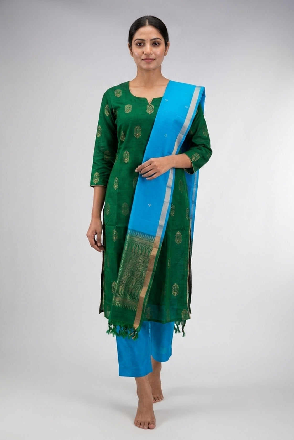 Green Pure Silk Womens Kurta set featuring Embroidery Kurta paired with Sky Blue Plain Body bottom and a Zari Butta dupatta in Sky Blue front image displayed on an AI model
