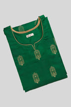 Top view of Green Pure Silk Womens Kurta set featuring Embroidery Kurta paired with Sky Blue Plain Body bottom and a Zari Butta dupatta in Sky Blue