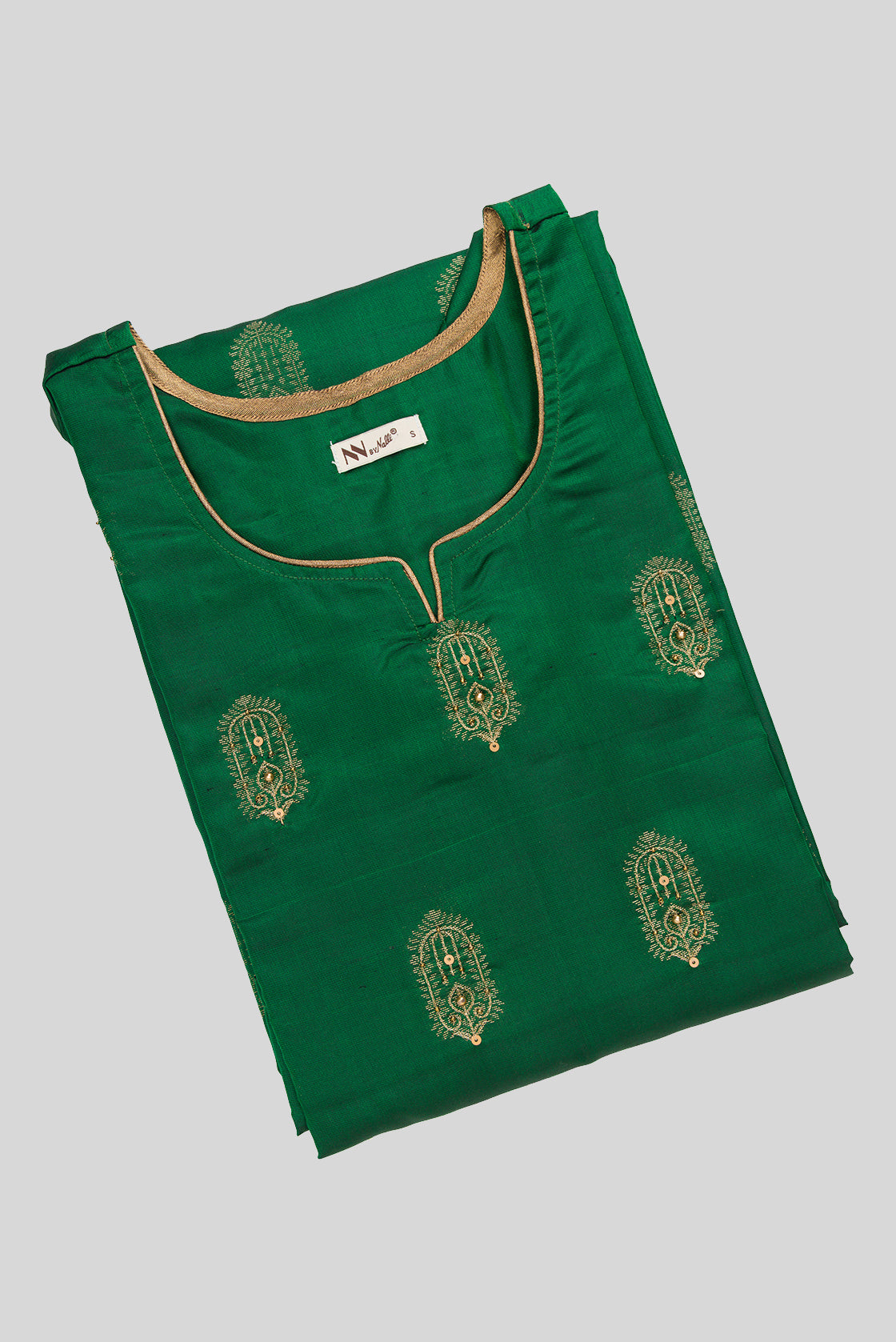 Top view of Green Pure Silk Womens Kurta set featuring Embroidery Kurta paired with Sky Blue Plain Body bottom and a Zari Butta dupatta in Sky Blue