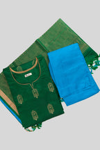 Flat lay of Green Pure Silk Womens Kurta set featuring Embroidery Kurta paired with Sky Blue Plain Body bottom and a Zari Butta dupatta in Sky Blue