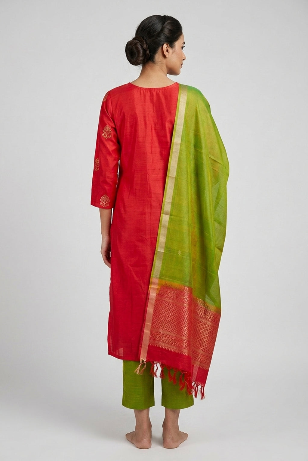 Red Pure Silk Womens Kurta set featuring Embroidery Kurta paired with Green Plain Body bottom and a Zari Butta dupatta in Green back image displayed on an AI model