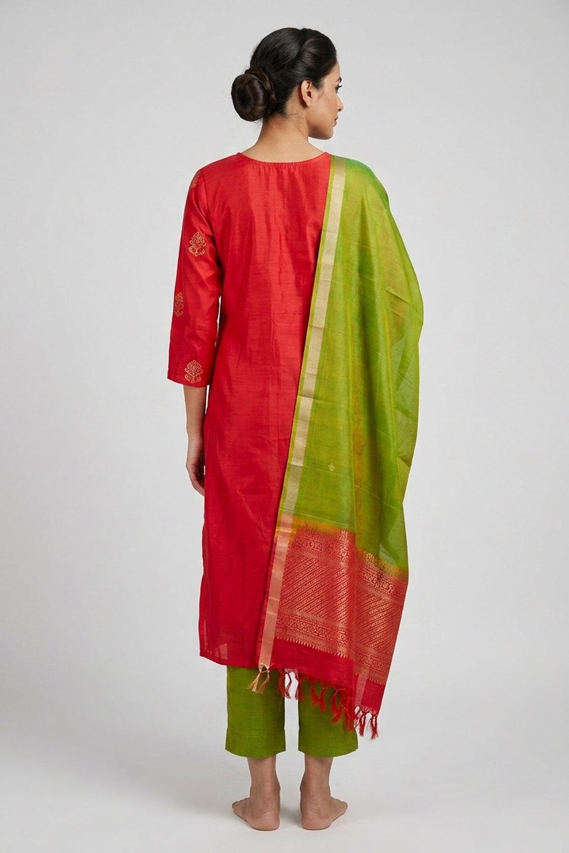 Red Pure Silk Womens Kurta set featuring Embroidery Kurta paired with Green Plain Body bottom and a Zari Butta dupatta in Green back image displayed on an AI model