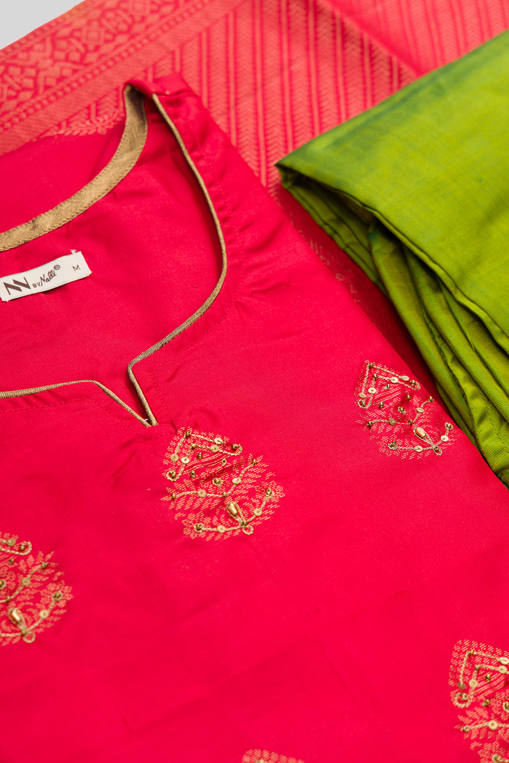 Detailed shot of Red Pure Silk Womens Kurta set featuring Embroidery Kurta paired with Green Plain Body bottom and a Zari Butta dupatta in Green