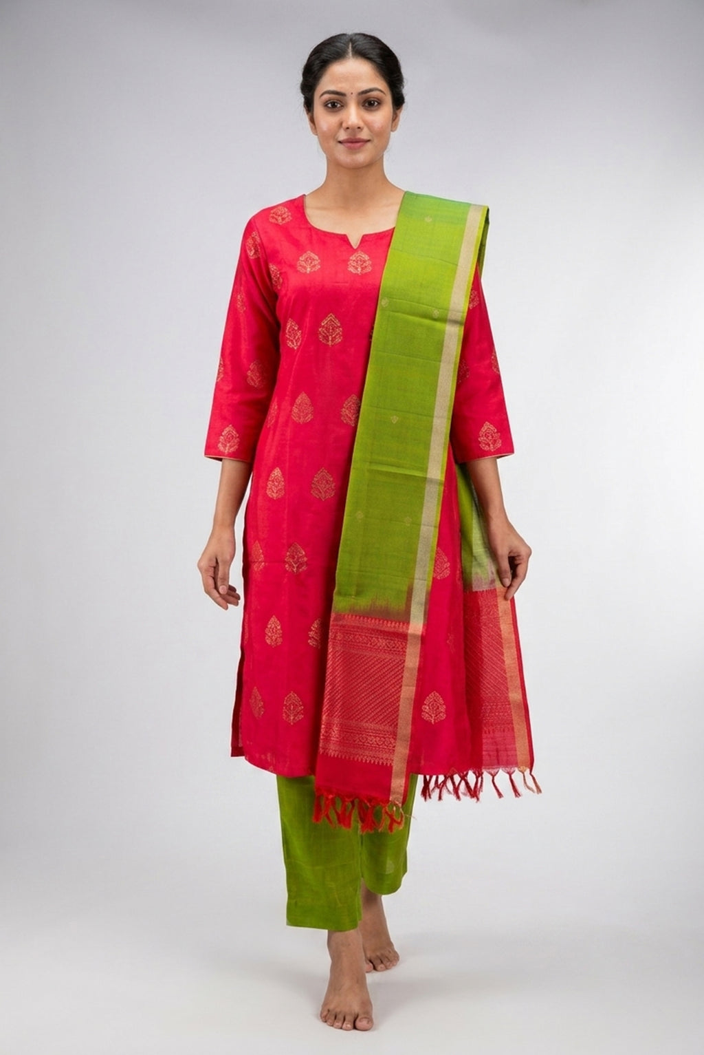 Red Pure Silk Womens Kurta set featuring Embroidery Kurta paired with Green Plain Body bottom and a Zari Butta dupatta in Green front image displayed on an AI model