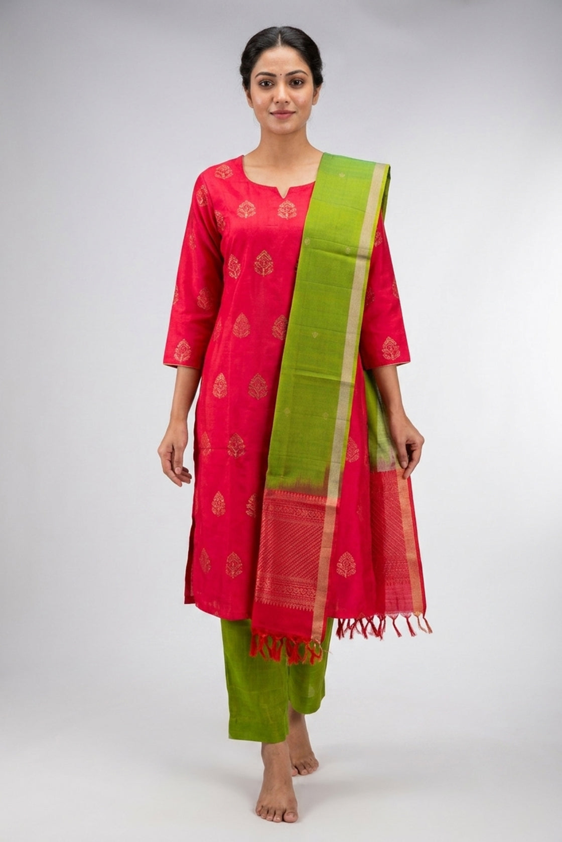 Red Pure Silk Womens Kurta set featuring Embroidery Kurta paired with Green Plain Body bottom and a Zari Butta dupatta in Green front image displayed on an AI model