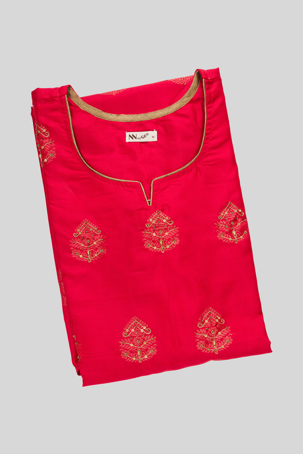 Top view of Red Pure Silk Womens Kurta set featuring Embroidery Kurta paired with Green Plain Body bottom and a Zari Butta dupatta in Green