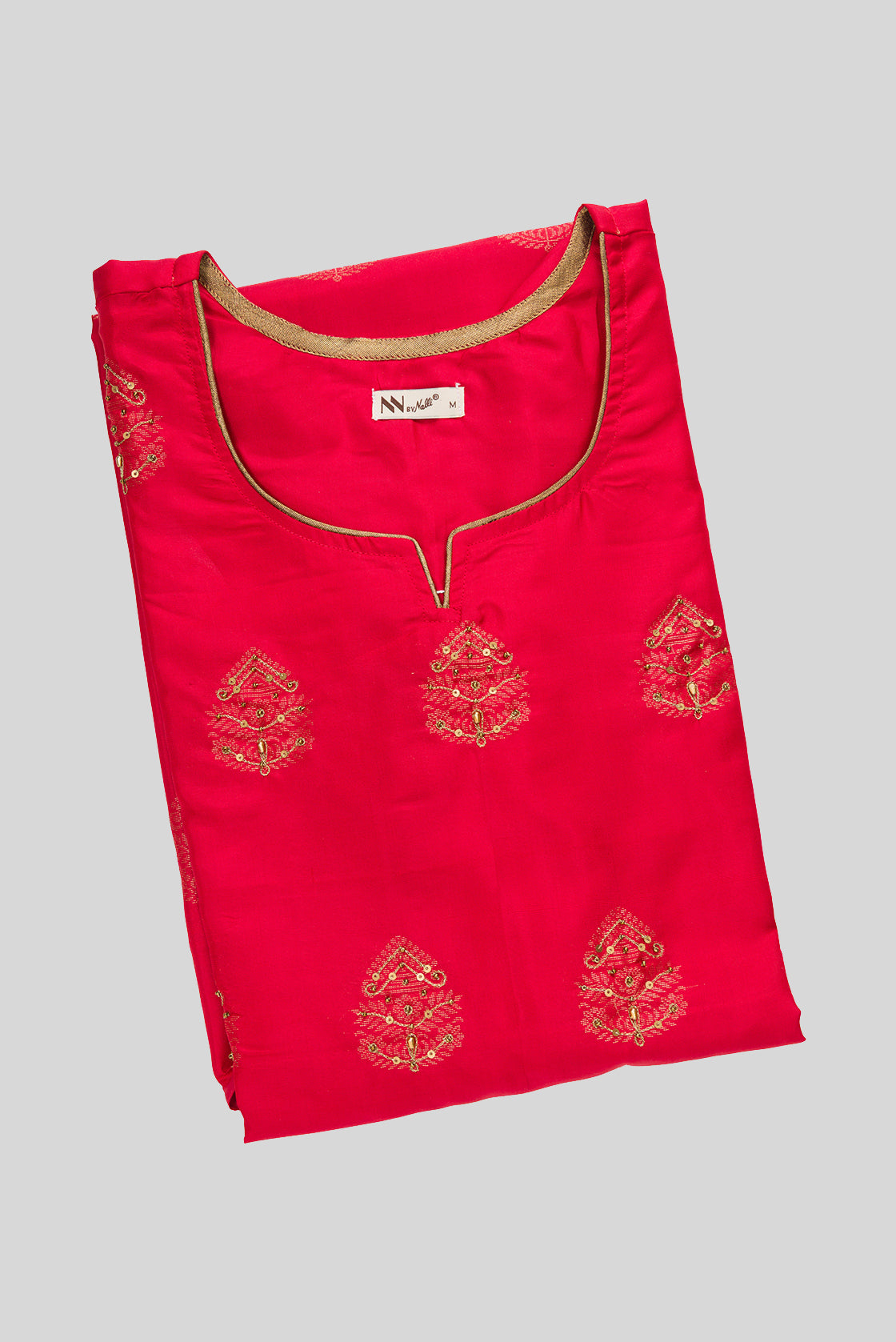 Top view of Red Pure Silk Womens Kurta set featuring Embroidery Kurta paired with Green Plain Body bottom and a Zari Butta dupatta in Green
