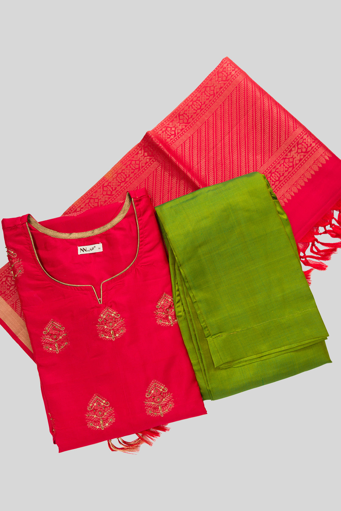 Flat lay of Red Pure Silk Womens Kurta set featuring Embroidery Kurta paired with Green Plain Body bottom and a Zari Butta dupatta in Green