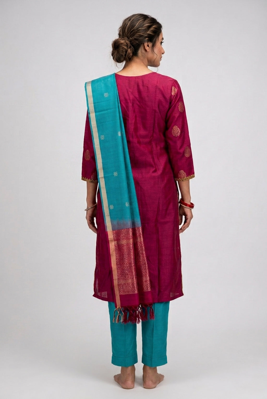 Maroon Pure Silk Womens Kurta set featuring Embroidery Kurta paired with Light Blue Plain Body bottom and a Zari Butta dupatta in Light Blue back image displayed on an AI model