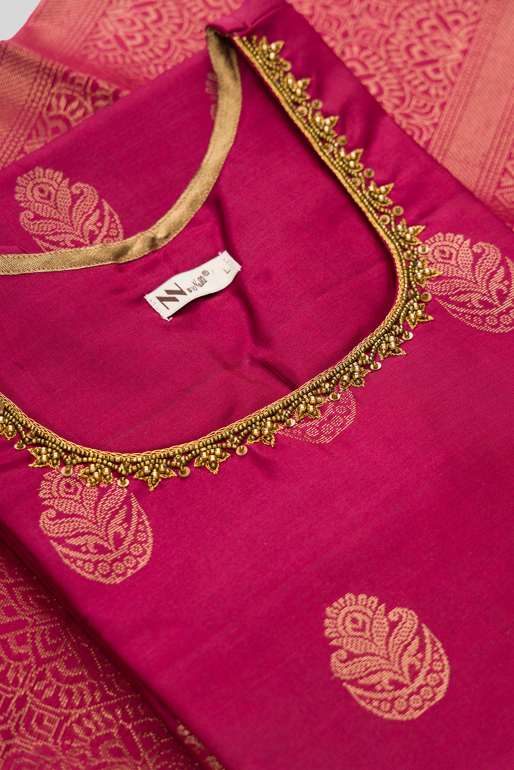 Detailed shot of Maroon Pure Silk Womens Kurta set featuring Embroidery Kurta paired with Light Blue Plain Body bottom and a Zari Butta dupatta in Light Blue