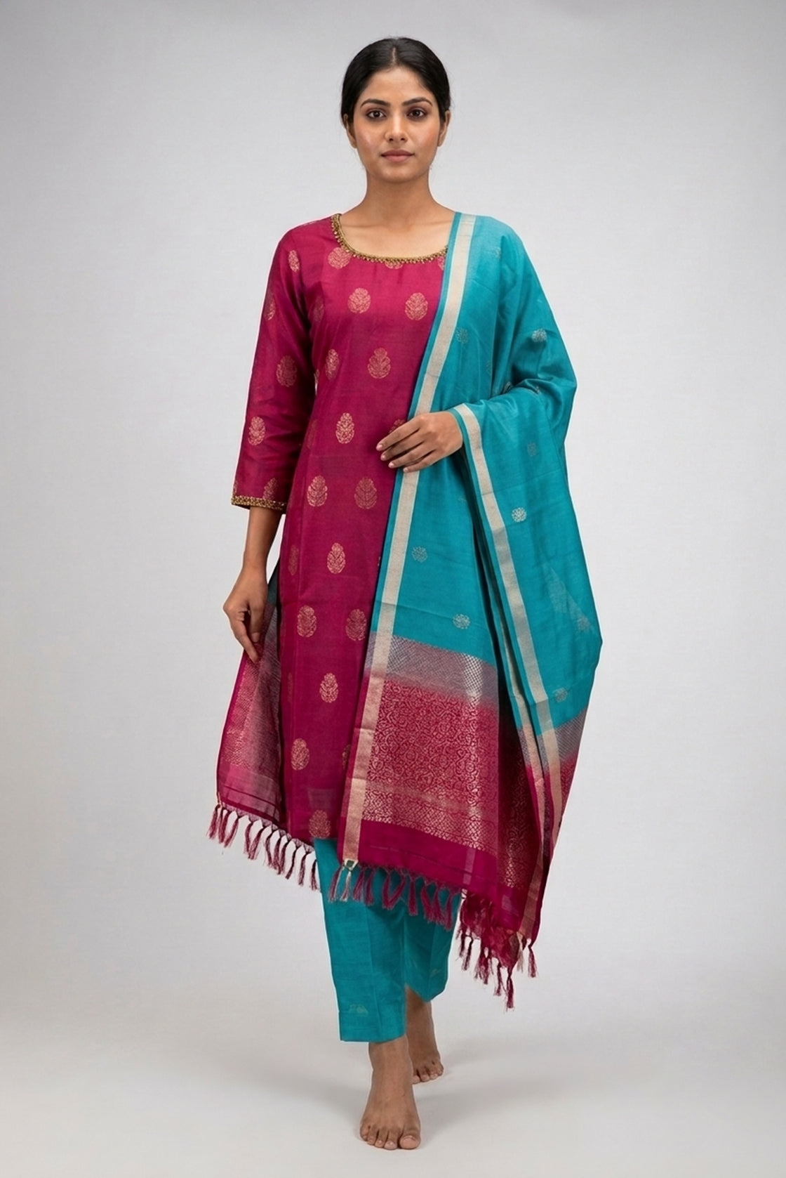 Maroon Pure Silk Womens Kurta set featuring Embroidery Kurta paired with Light Blue Plain Body bottom and a Zari Butta dupatta in Light Blue front image displayed on an AI model