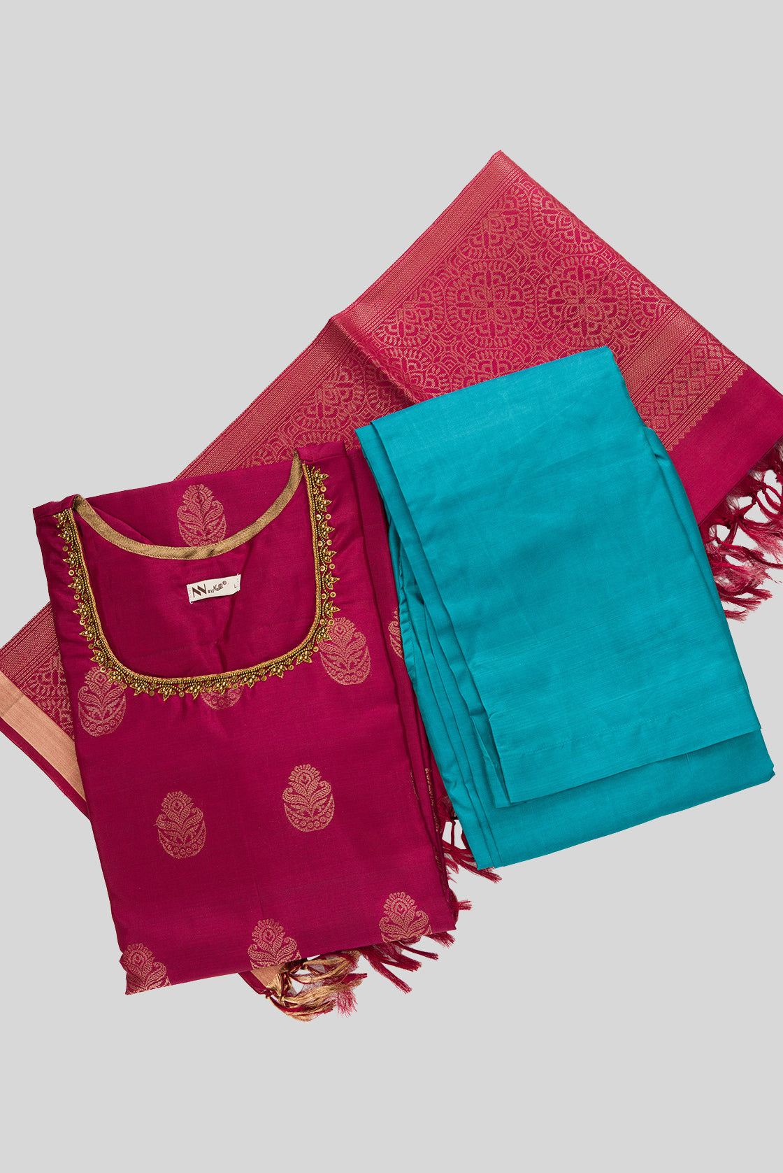Flat lay of Maroon Pure Silk Womens Kurta set featuring Embroidery Kurta paired with Light Blue Plain Body bottom and a Zari Butta dupatta in Light Blue