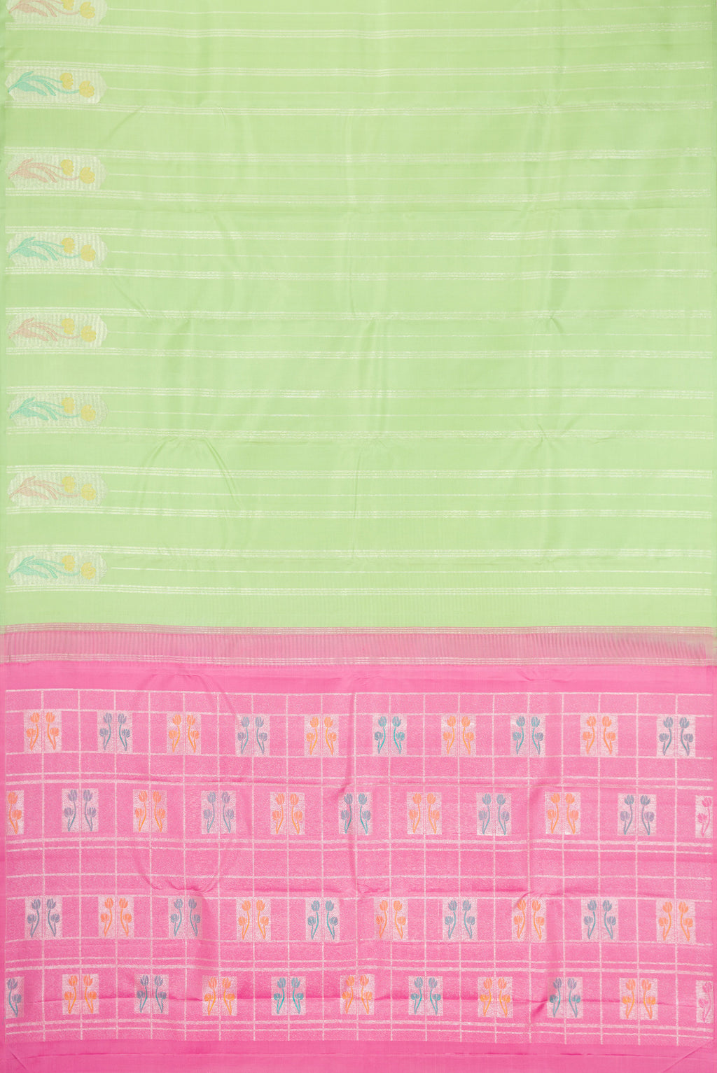 Flat view of Pista Green Kanjivaram Silk Saree with Stripes on the body and Without Border. 