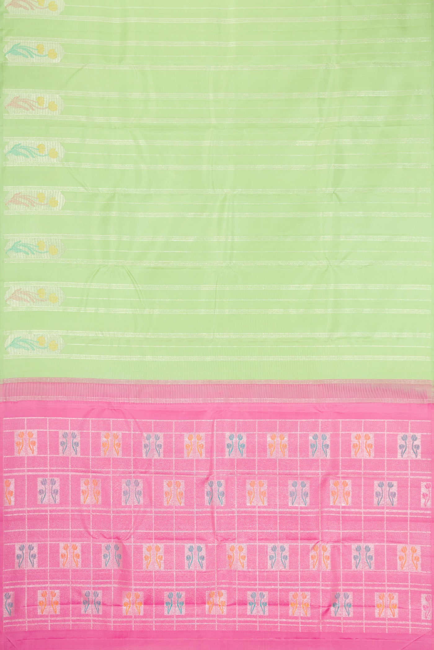 Flat view of Pista Green Kanjivaram Silk Saree with Stripes on the body and Without Border. 