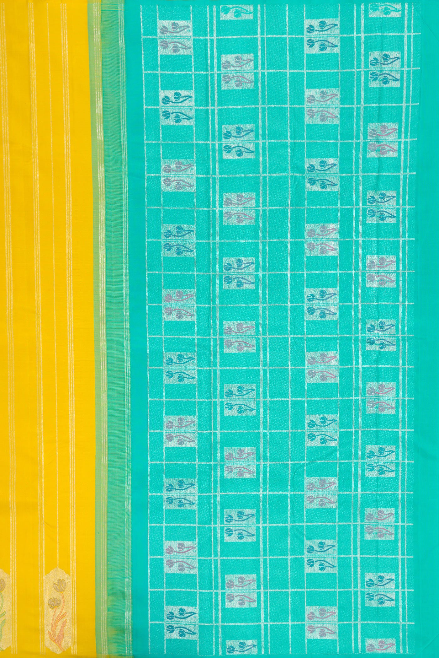 Close up image of the pallu of Yellow Kanjivaram Silk Saree with Stripes on the body and Without Border. 