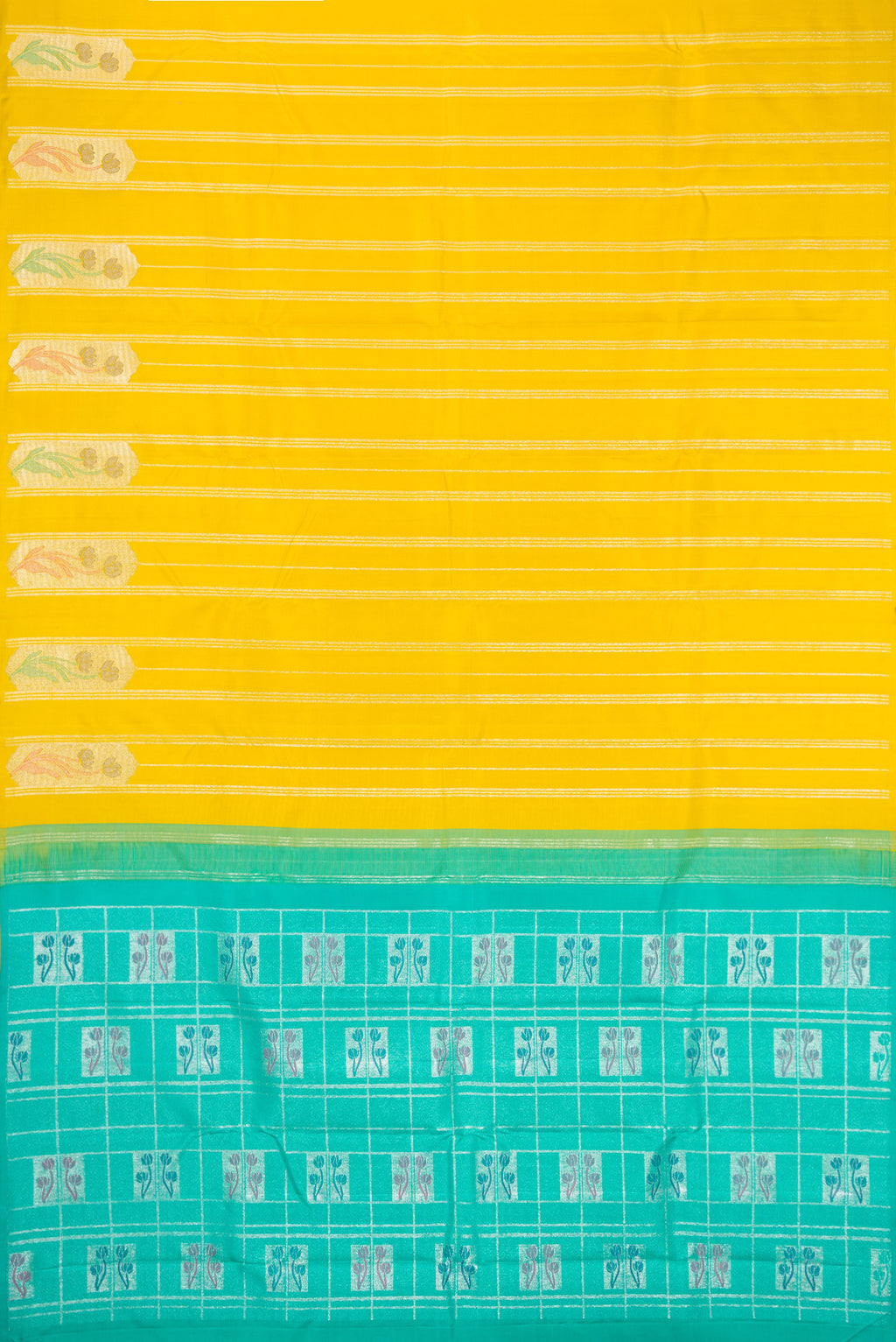 Flat view of Yellow Kanjivaram Silk Saree with Stripes on the body and Without Border. 