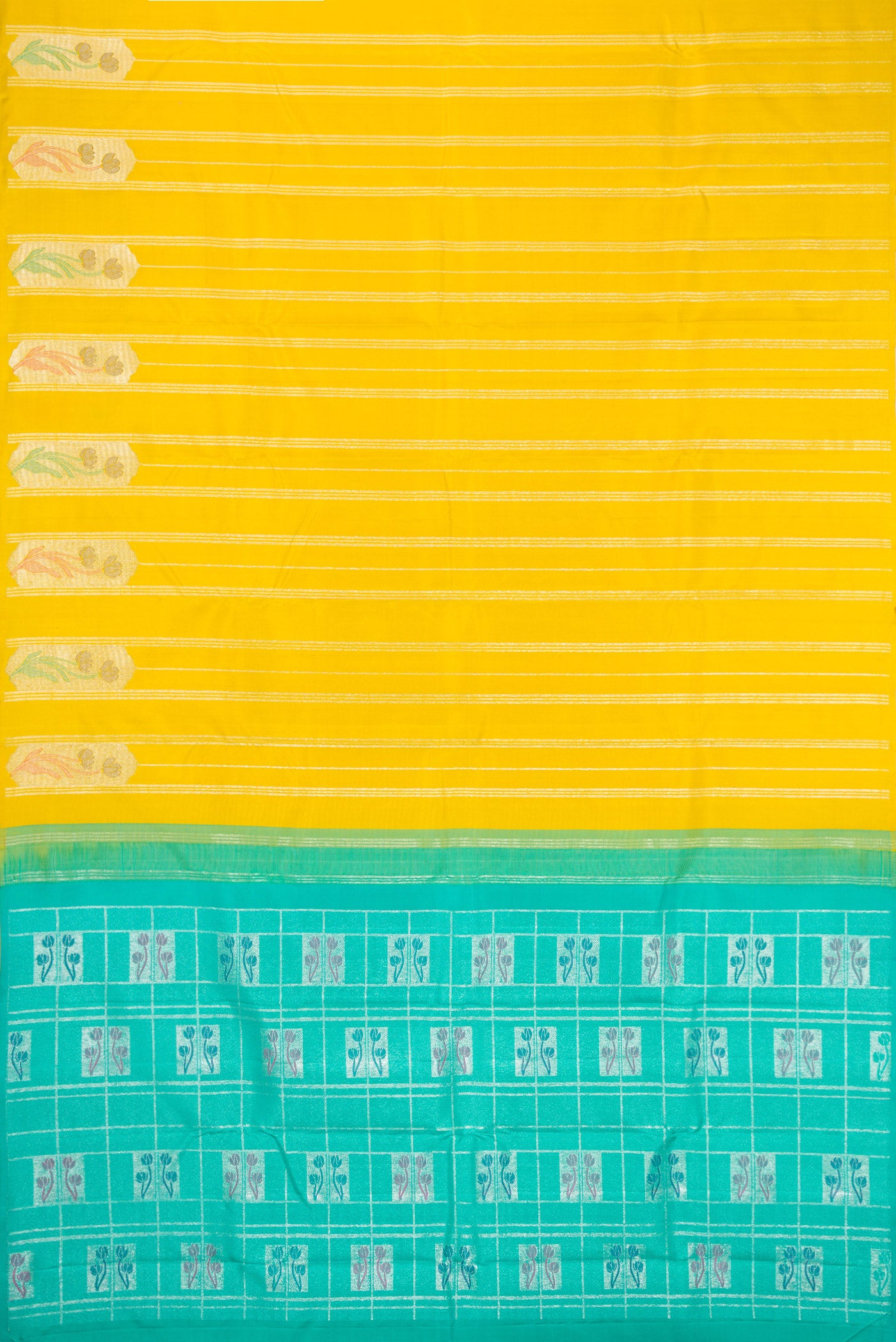 Flat view of Yellow Kanjivaram Silk Saree with Stripes on the body and Without Border. 