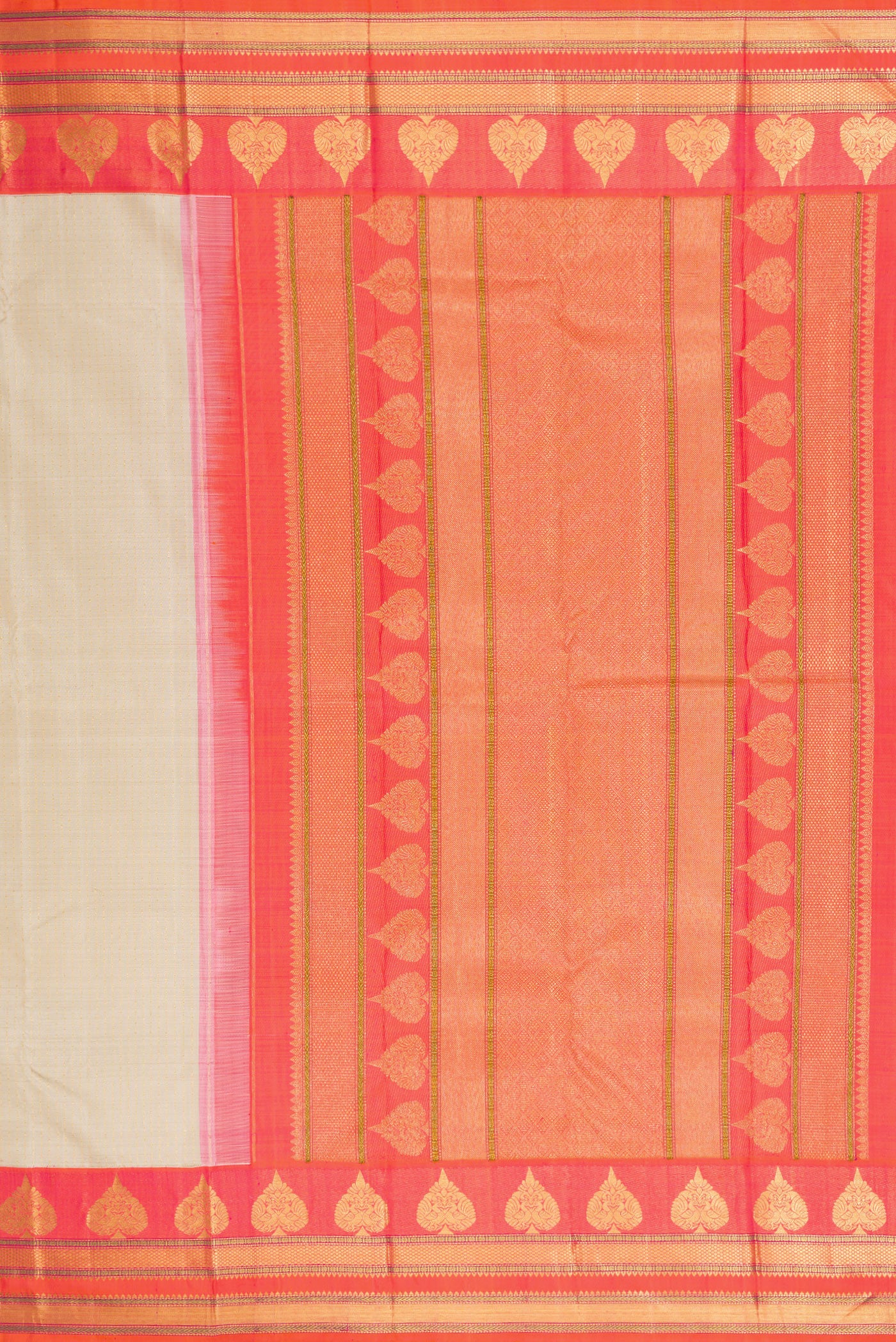 Close up image of the pallu of Beige Dual Tone Kanchipuram Silk Saree with Stripes on the body and Fancy Border. 