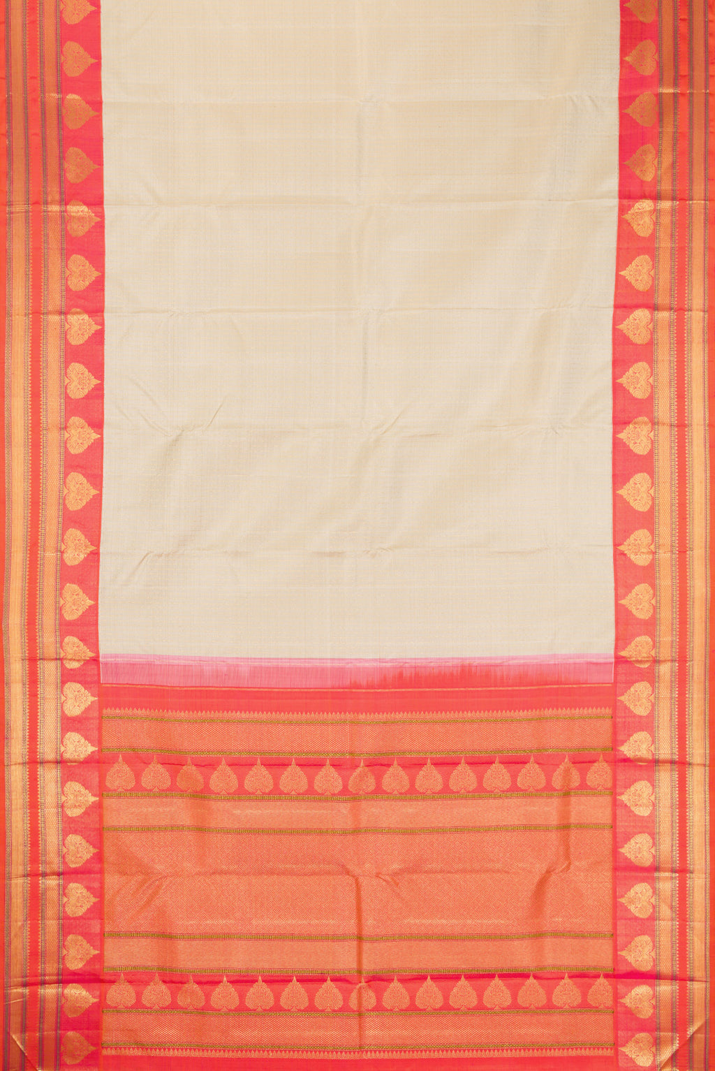 Flat view of Beige Dual Tone Kanchipuram Silk Saree with Stripes on the body and Fancy Border. 