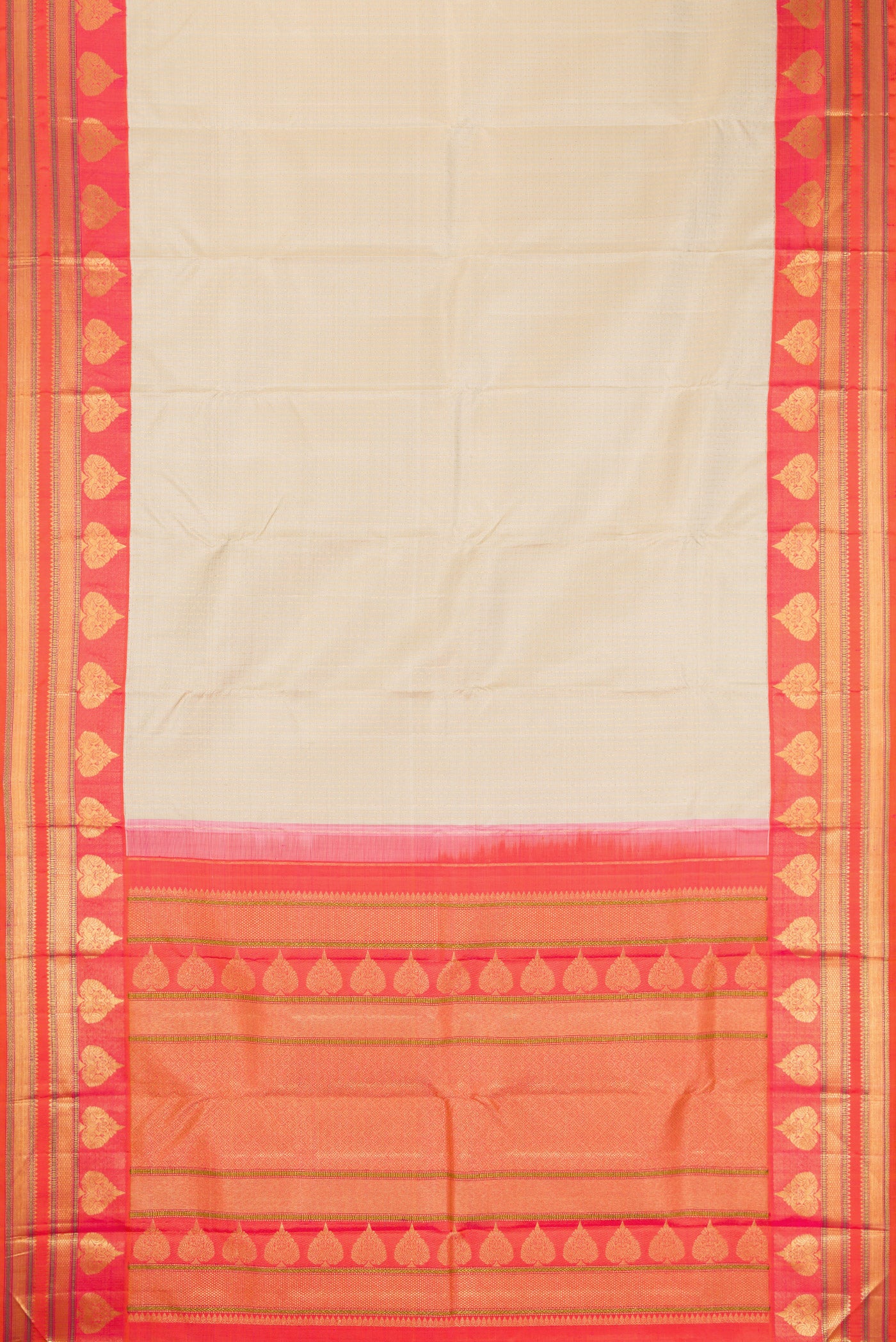 Flat view of Beige Dual Tone Kanchipuram Silk Saree with Stripes on the body and Fancy Border. 