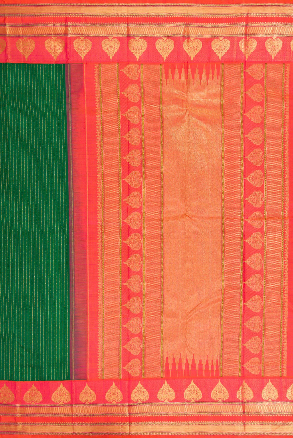 Close up image of the pallu of Bottle Green Kanchipuram Silk Saree with Stripes on the body and Zari Border. 