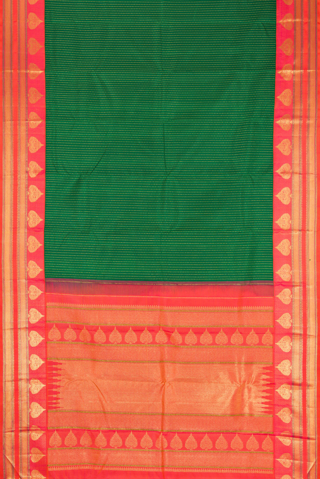 Flat view of Bottle Green Kanchipuram Silk Saree with Stripes on the body and Zari Border. 