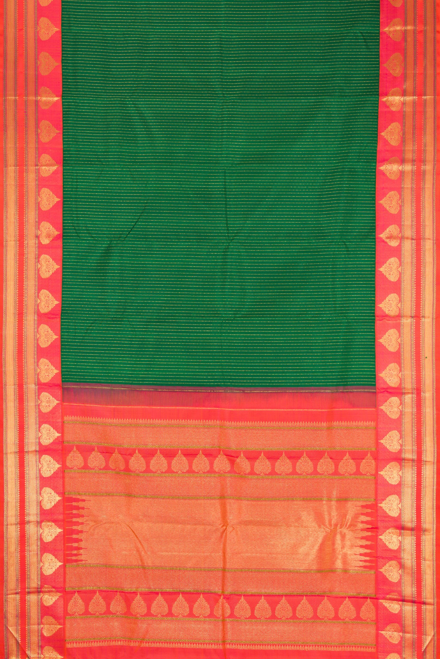Flat view of Bottle Green Kanchipuram Silk Saree with Stripes on the body and Zari Border. 