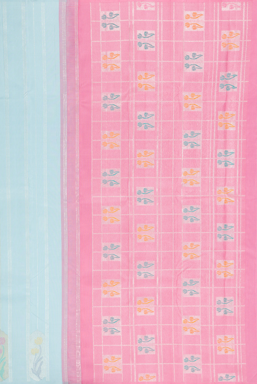 Close up image of the pallu of Light Blue Kanjivaram Silk Saree with Stripes on the body and Without Border. 