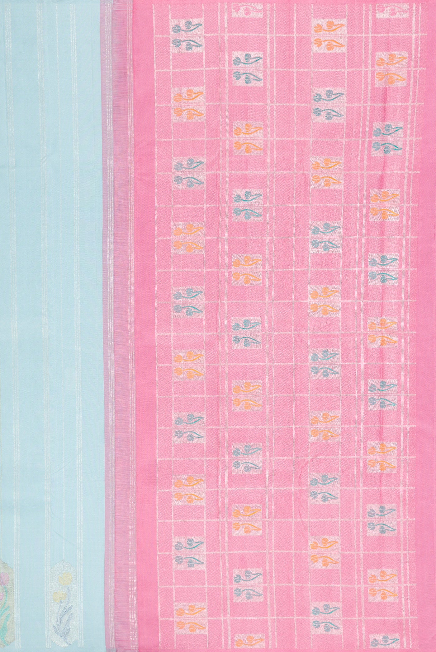 Close up image of the pallu of Light Blue Kanjivaram Silk Saree with Stripes on the body and Without Border. 